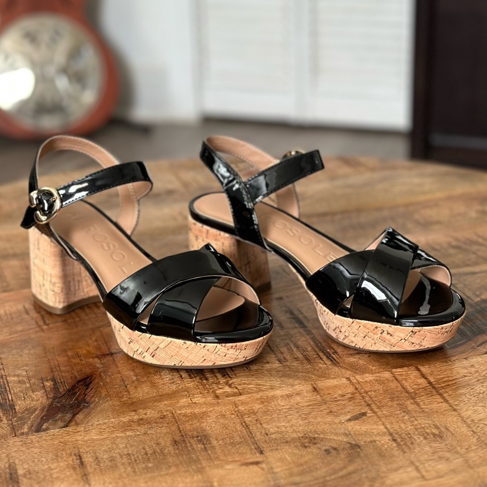 Black Friday SALE Cosmo Crisscross Platform Sandal in Black Patent Faux Leather